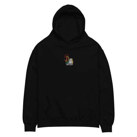 A black hoodie featuring an embroidered design of "SD" in red and yellow with a San Diego skyline illustration below, accented with the Matcity logo.