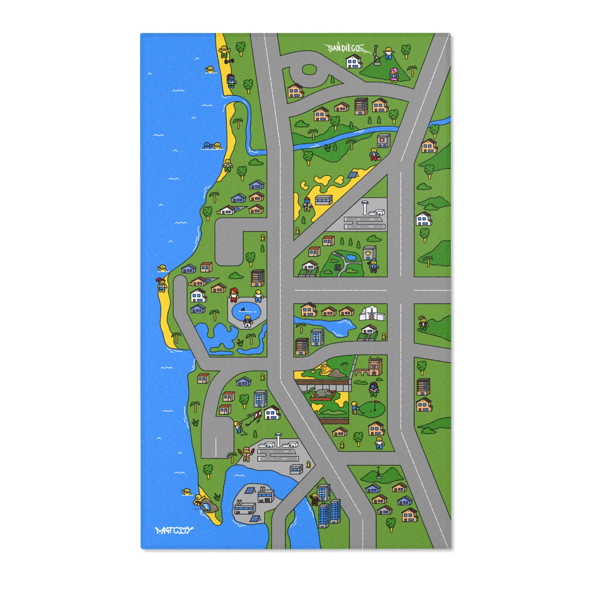 Full view of the Matcity San Diego Mat, showcasing colorful neighborhoods, roads, and coastal elements with vibrant green, blue, and gray tones.