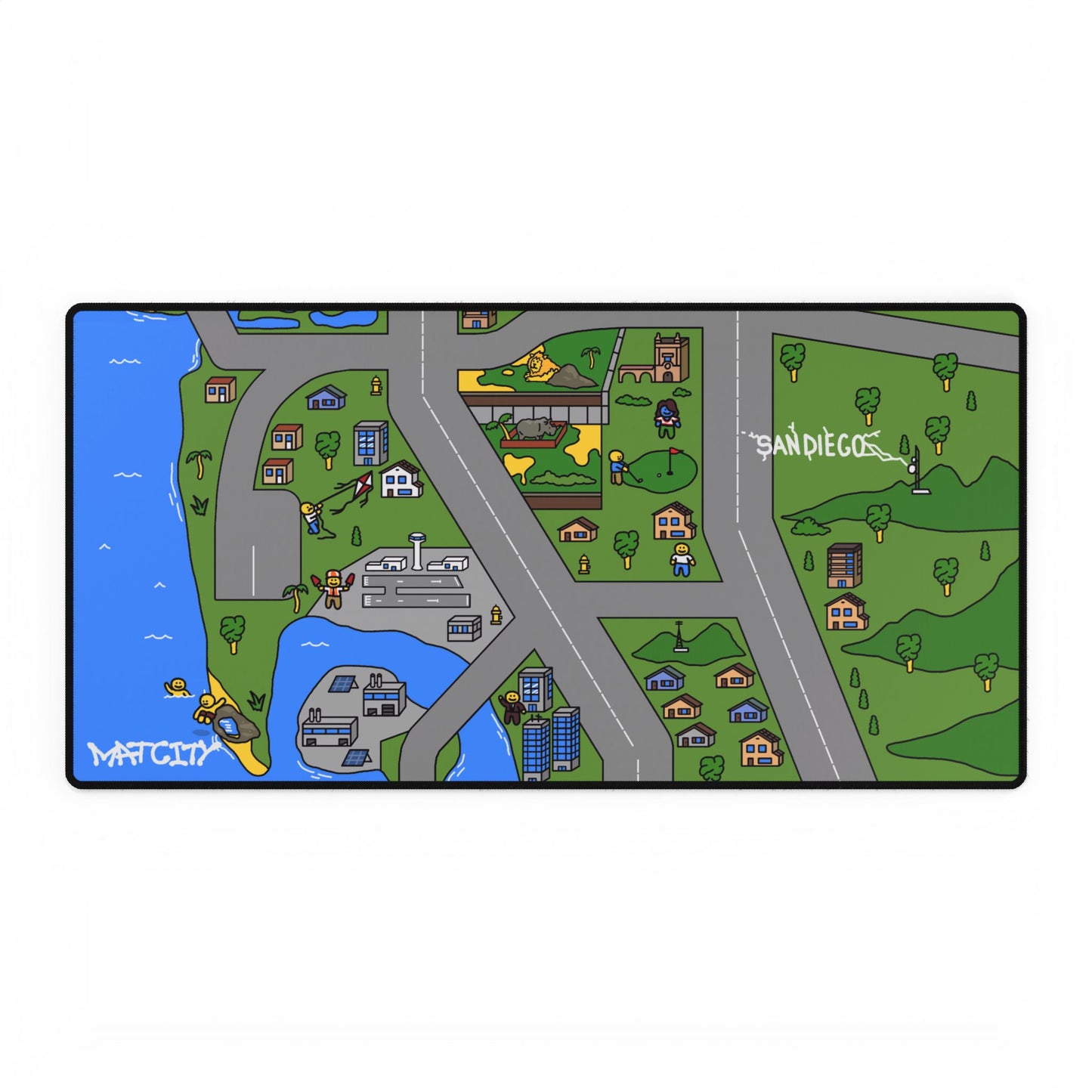 A full view of the Matcity San Diego Mouse Pad Large, featuring a colorful coastal-themed cityscape with roads, homes, water, and lush greenery.