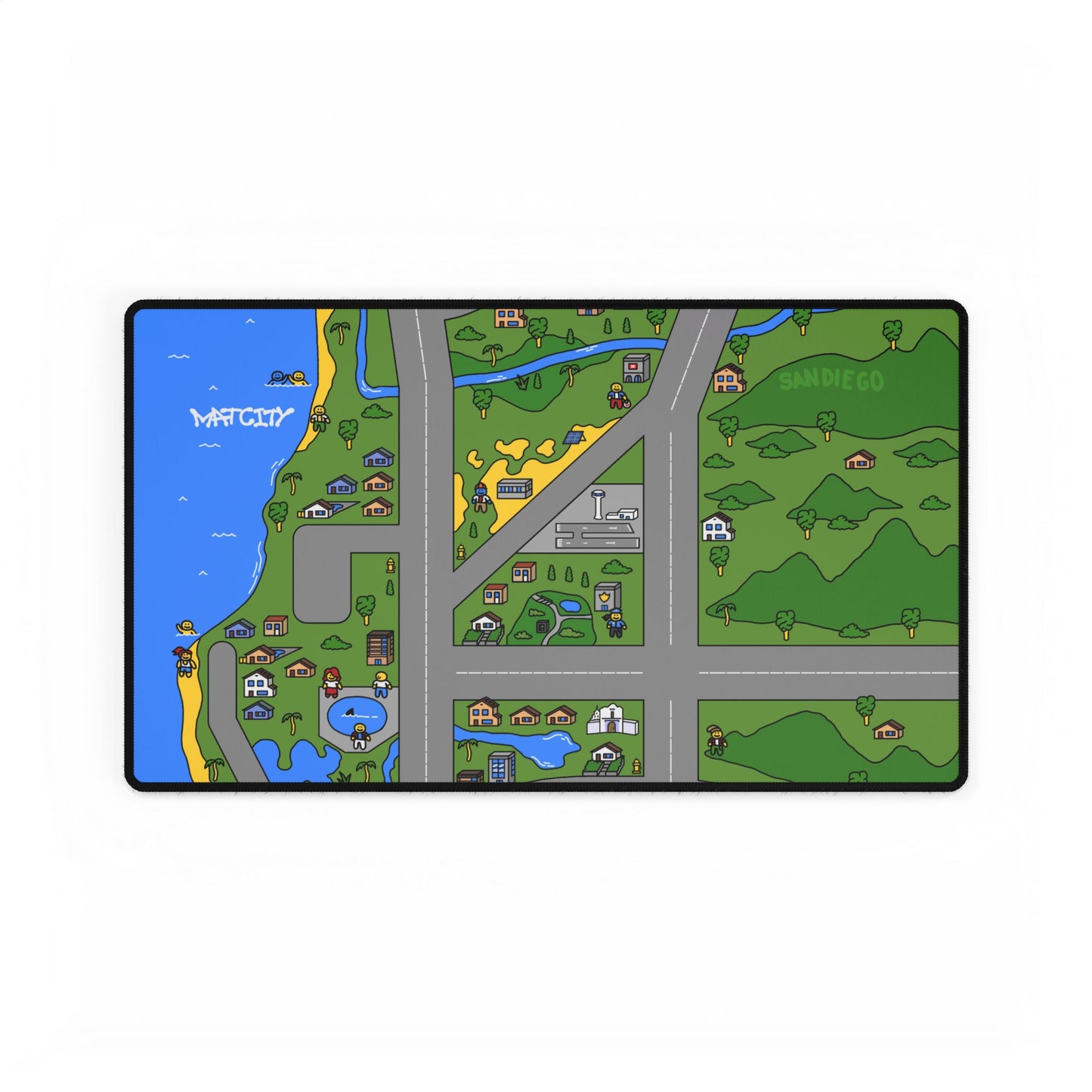 Top-down view of the Matcity San Diego Mouse Pad Medium, showcasing its vibrant design with a mix of green landscapes, blue coastlines, and urban roads.