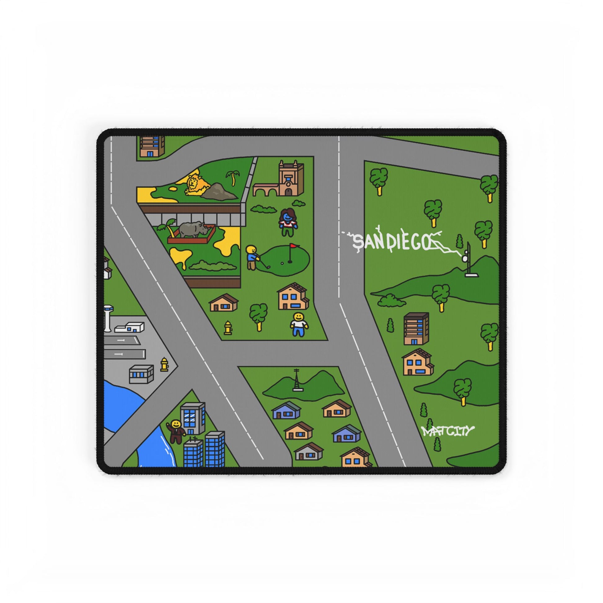 A detailed view of the Matcity San Diego Mouse Pad Small, showcasing vibrant green landscapes, roadways, and coastal elements in a fun, illustrated map style.