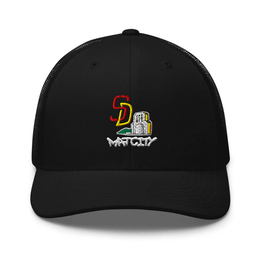 A black trucker cap with an embroidered "SD" in red and yellow, a San Diego skyline below, and the Matcity logo in white stitching.