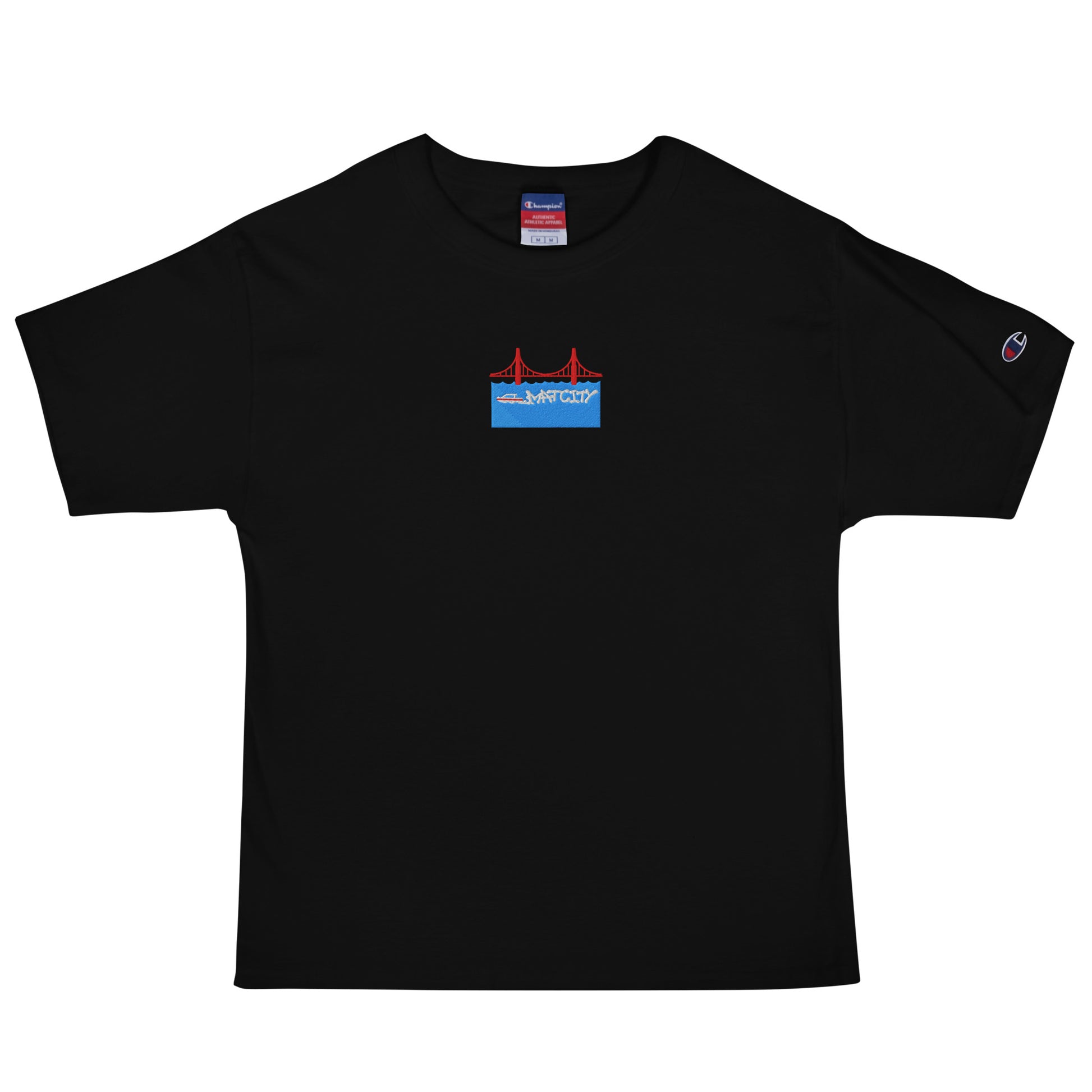 A black T-shirt with a small, colorful embroidery of the Golden Gate Bridge, a blue ocean, and the Matcity logo on the chest.