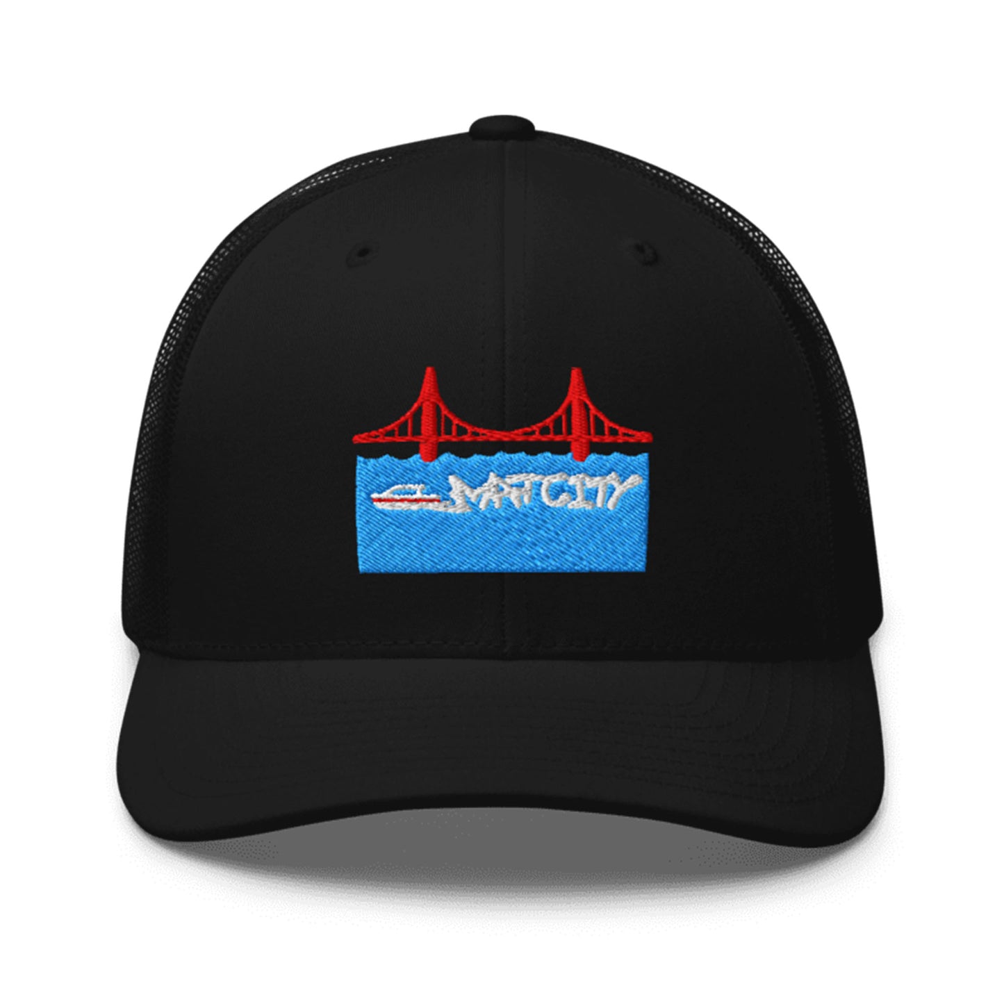 A black trucker cap featuring an embroidered design of the Golden Gate Bridge, a blue ocean, and the Matcity logo in white.