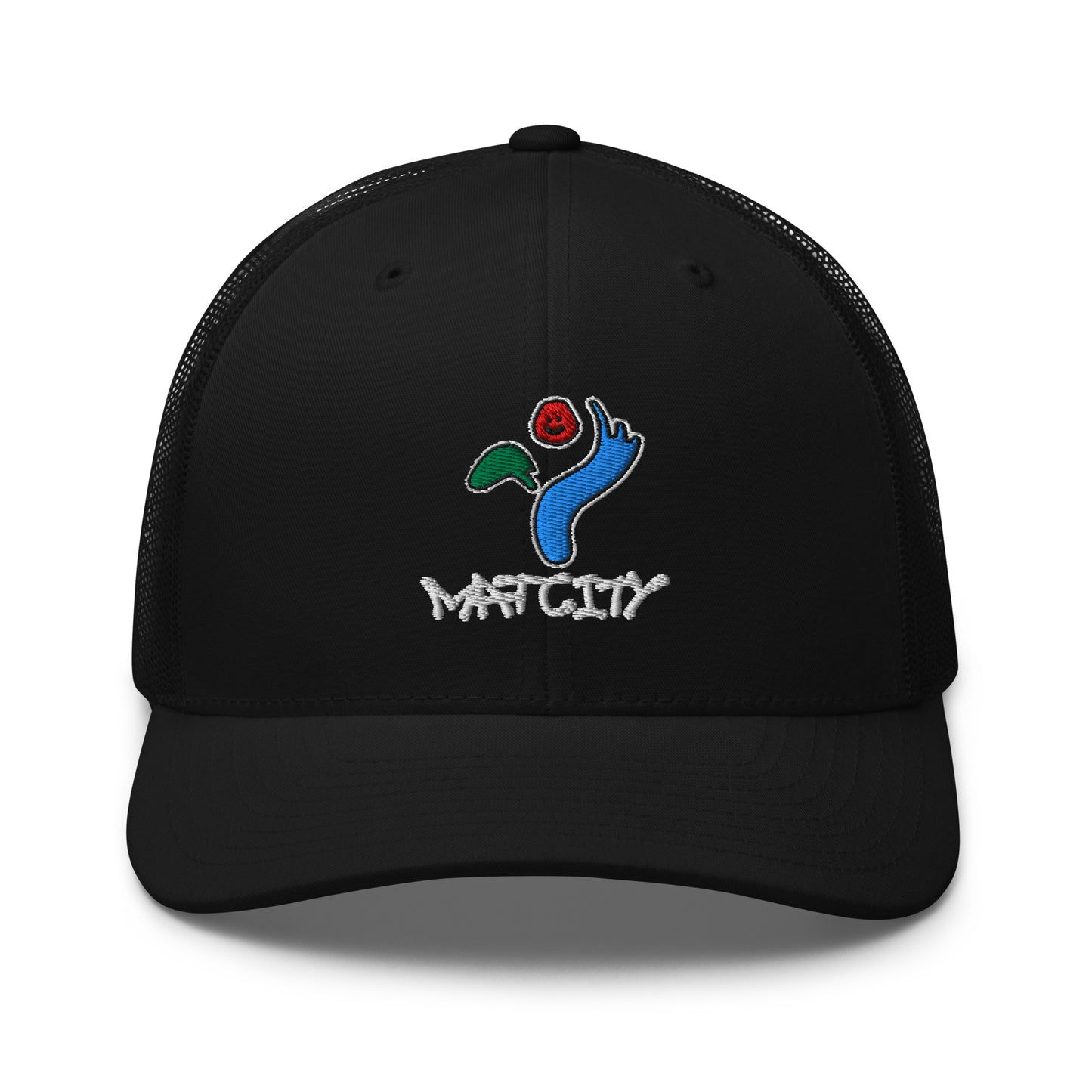 A black trucker cap with a structured front panel featuring the embroidered Matcity Seoul logo: a blue hand, red rose, and green leaves, with "MATCITY" stitched below.