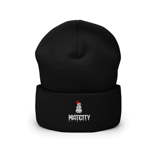 A black beanie featuring the Matcity Snow Rally embroidered snowman logo with icicles and a red hat. The cozy design is perfect for cold weather.