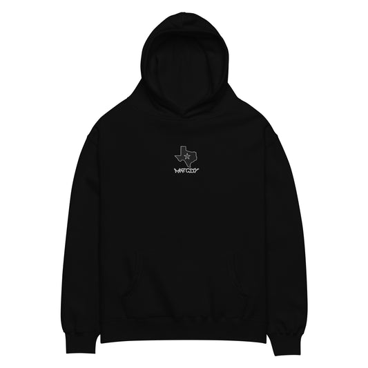 Black pullover hoodie with small white stitched Texas outline and star on chest, Matcity tag underneath.