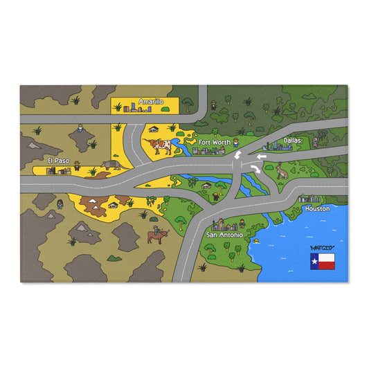 Illustrated play mat map of Texas with cartoon mini-cities for Dallas, Houston, San Antonio, Fort Worth, El Paso and Amarillo, plus varied desert, prairie and coast terrain linked by grey roads and a small state flag.
