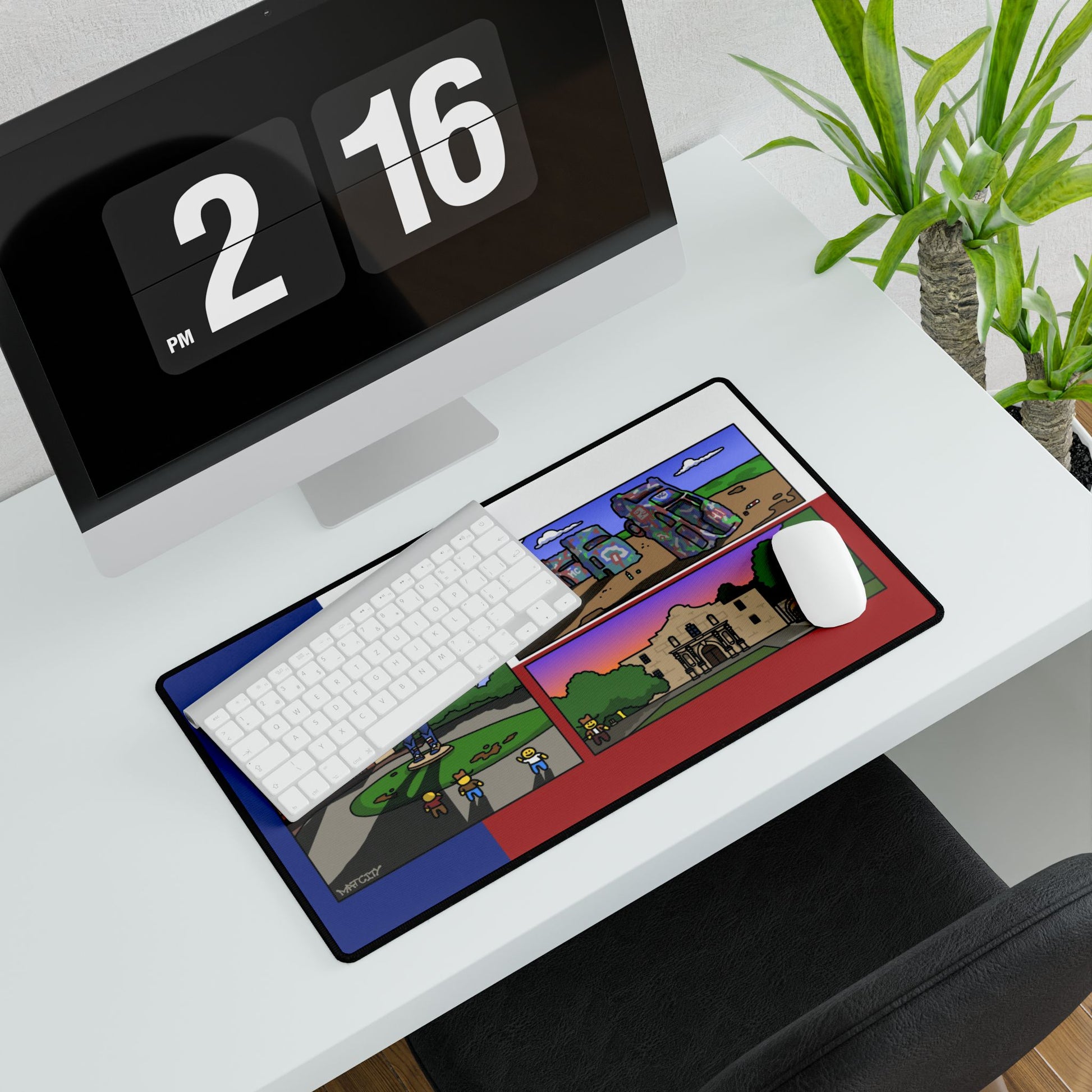 Workspace shot with medium pad under keyboard; landmark panels and flag colors visible.