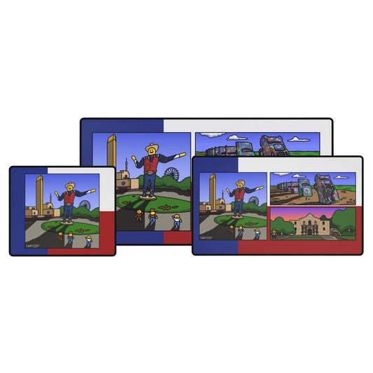 Trio of Texas-flag-themed mouse pads (small, medium, desk) featuring Big Tex, Cadillac Ranch and the Alamo scenes.