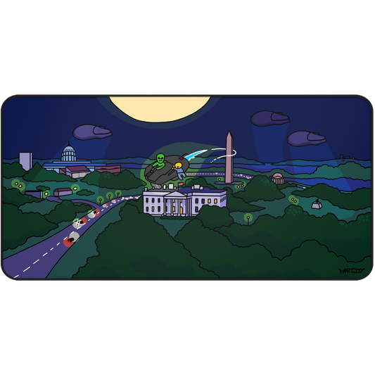 A vibrant mockup of the Matcity Washington DC Alien Mouse Mat Large, depicting an alien invasion scene over the Washington DC landscape under a bright full moon.