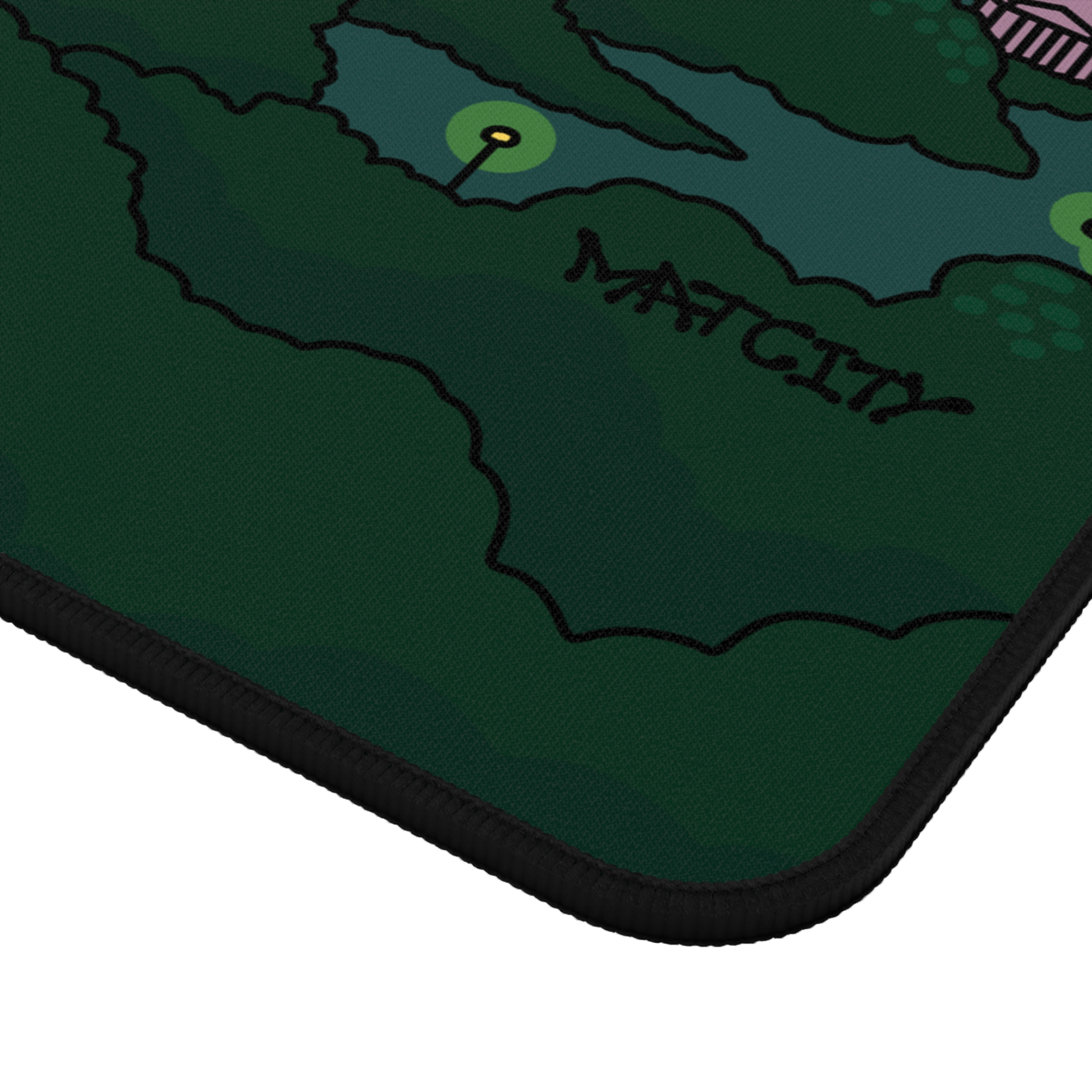 A zoomed-in view of the corner of the mouse mat, showing vibrant artwork and stitched edges with the Matcity logo blending into the dark green foliage.