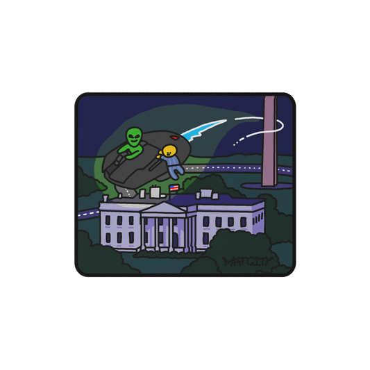 A mockup of the Matcity Washington DC Alien Mouse Mat Small, featuring an alien flying over the White House at night with the Washington Monument in the background.