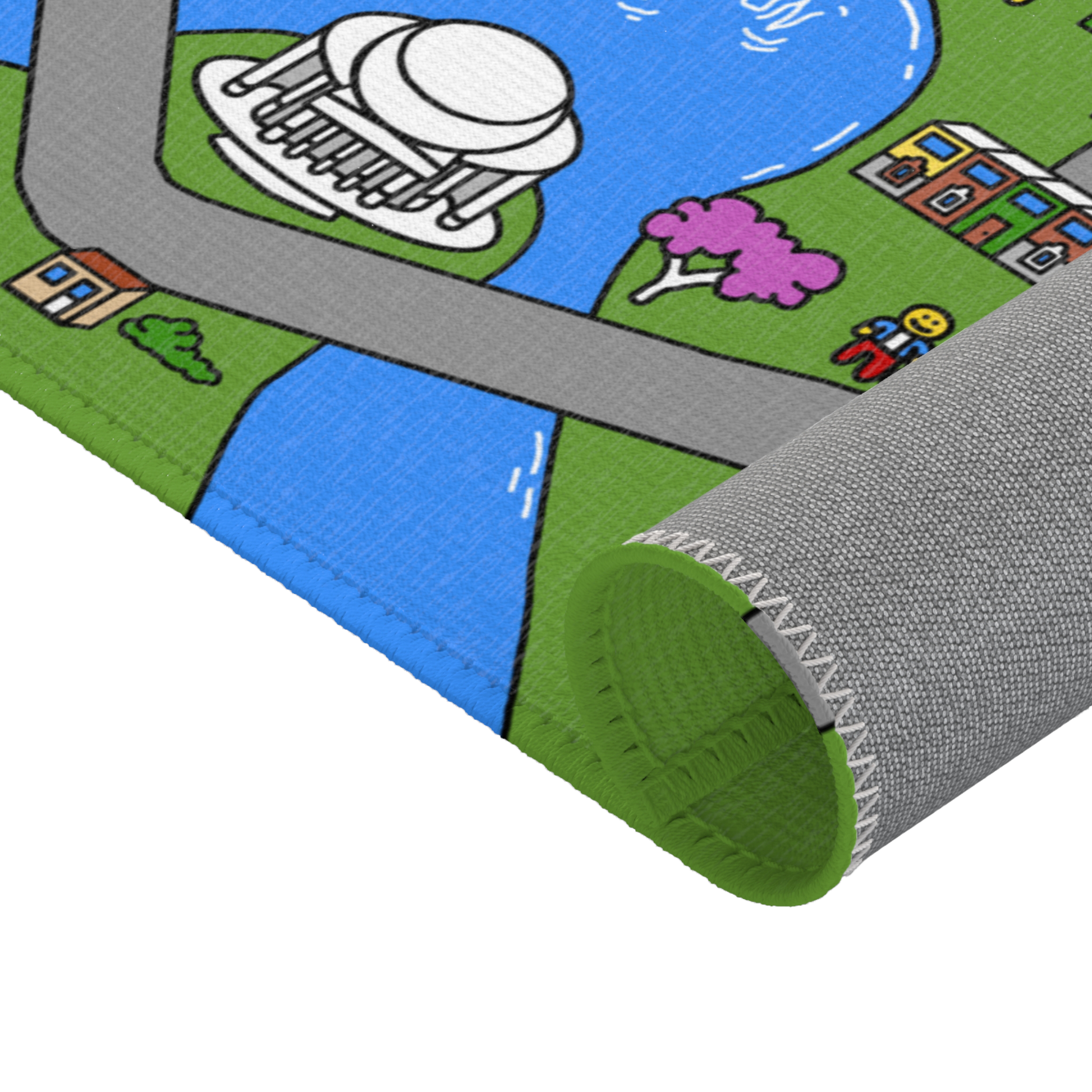 The Washington DC mat partially rolled, showcasing its flexible design with green backing and detailed city graphics, including rivers, roads, and iconic buildings.