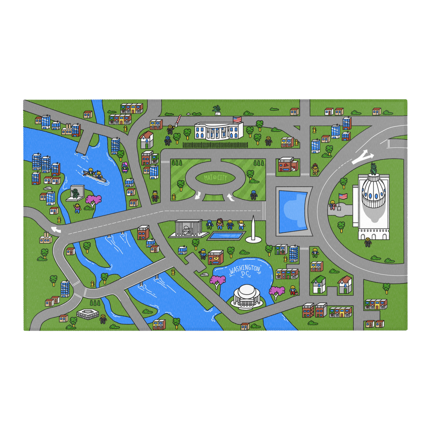 A full view of the Matcity Washington DC play mat, displaying famous landmarks like the Capitol and Washington Monument surrounded by roads, rivers, and colorful buildings.
