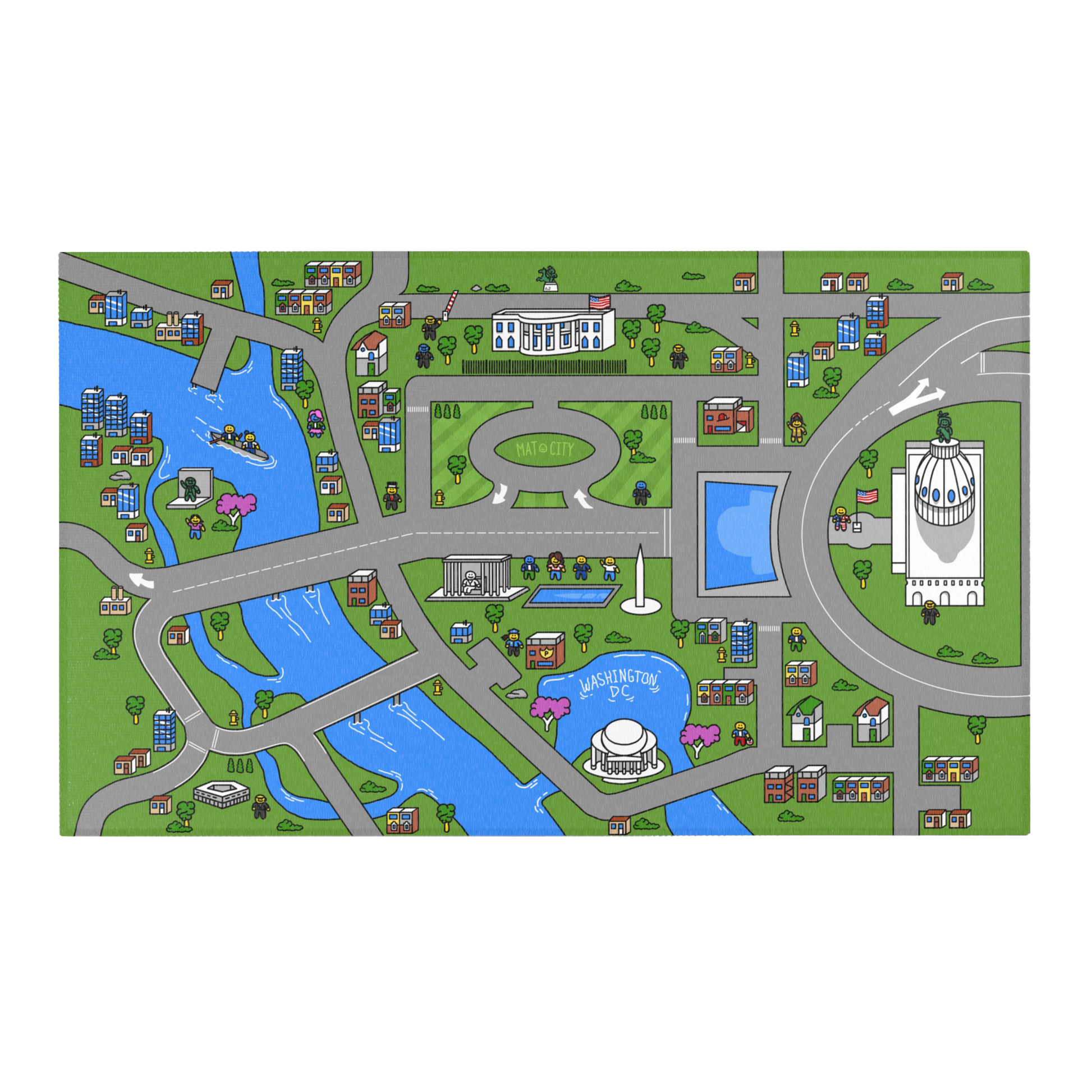 A full view of the Matcity Washington DC play mat, displaying famous landmarks like the Capitol and Washington Monument surrounded by roads, rivers, and colorful buildings.
