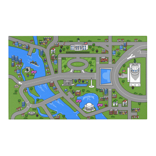 A full view of the Matcity Washington DC play mat, displaying famous landmarks like the Capitol and Washington Monument surrounded by roads, rivers, and colorful buildings.
