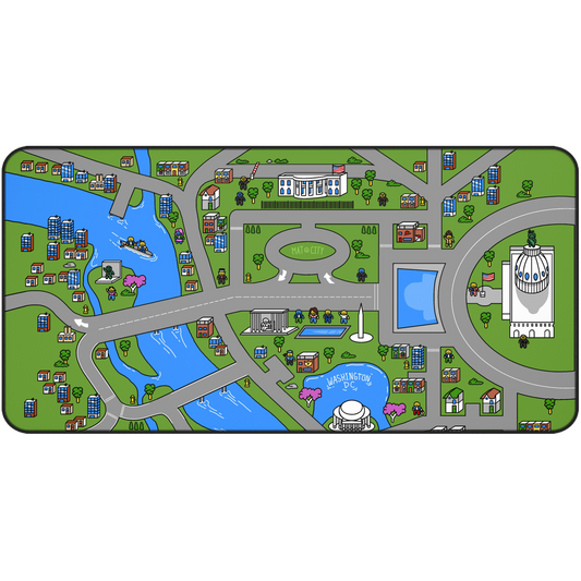 A detailed top view of the Matcity Washington DC mouse mat large, featuring landmarks like the White House, Washington Monument, and the Capitol building amidst vibrant green spaces and rivers.