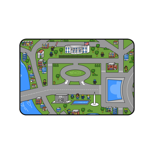 A colorful top-down view of the Matcity Washington DC Mouse Mat Medium, featuring iconic landmarks like the White House and Washington Monument, surrounded by green parks and roads.