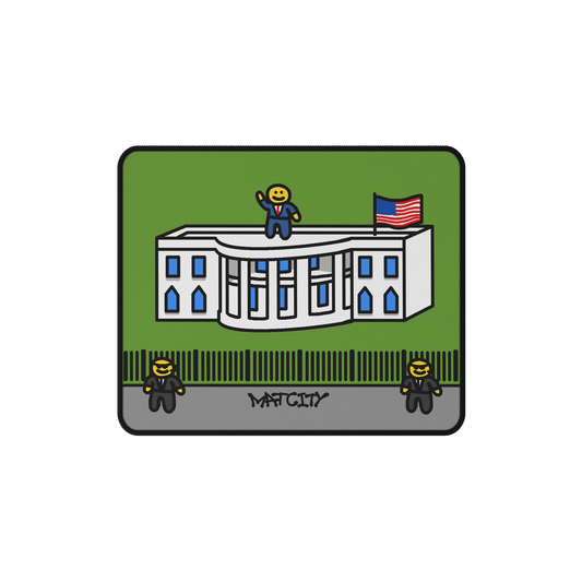 A playful design of the Matcity Washington DC Mouse Mat Small, featuring the White House, with a Matcity signature at the bottom.