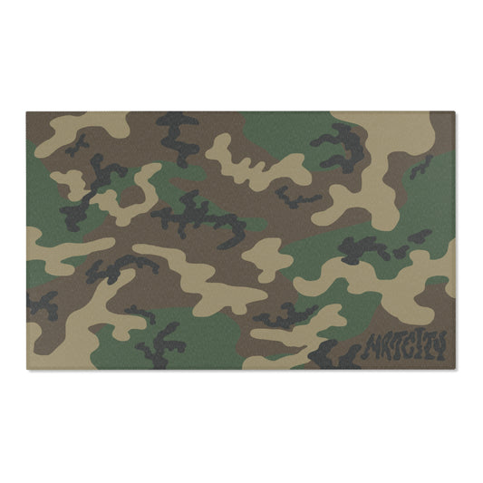 Woodland camouflage patterned rug with a Matcity brand logo on a white background