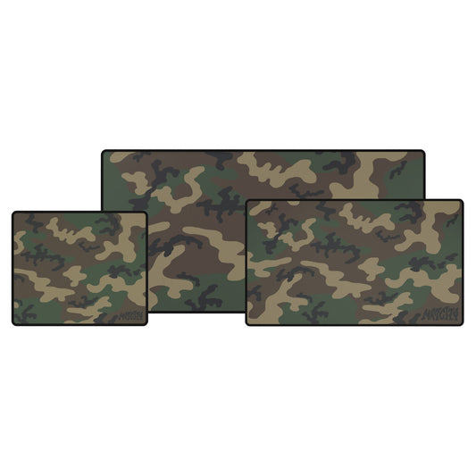 Three Woodland camouflage patterned mouse pads on a white background