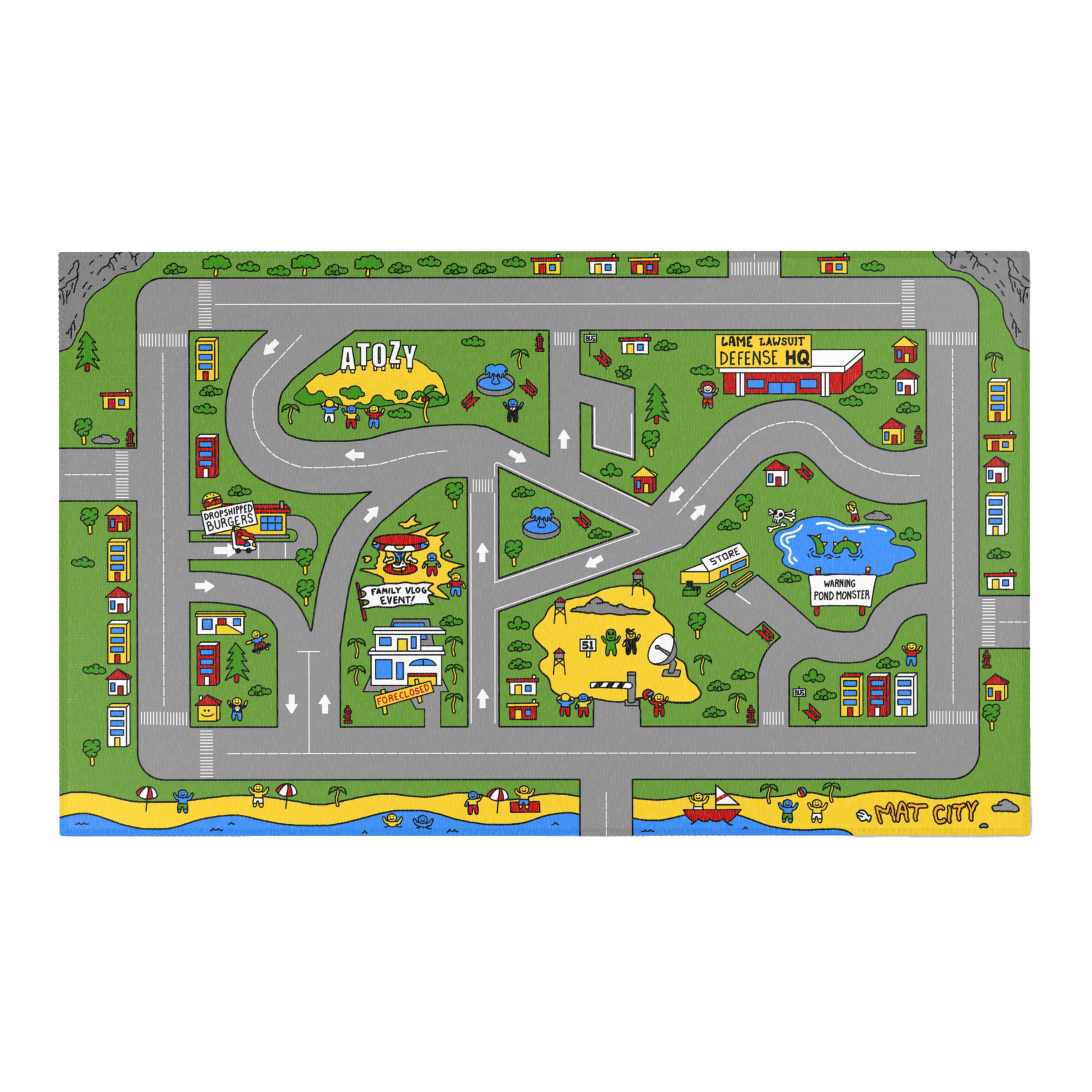 An overhead view of the Matcity Atozy mat, featuring colorful roads, buildings, and landmarks such as "Drop Shipped Burgers" and "Lame Lawsuit Defense HQ," with playful scenes across a green landscape.