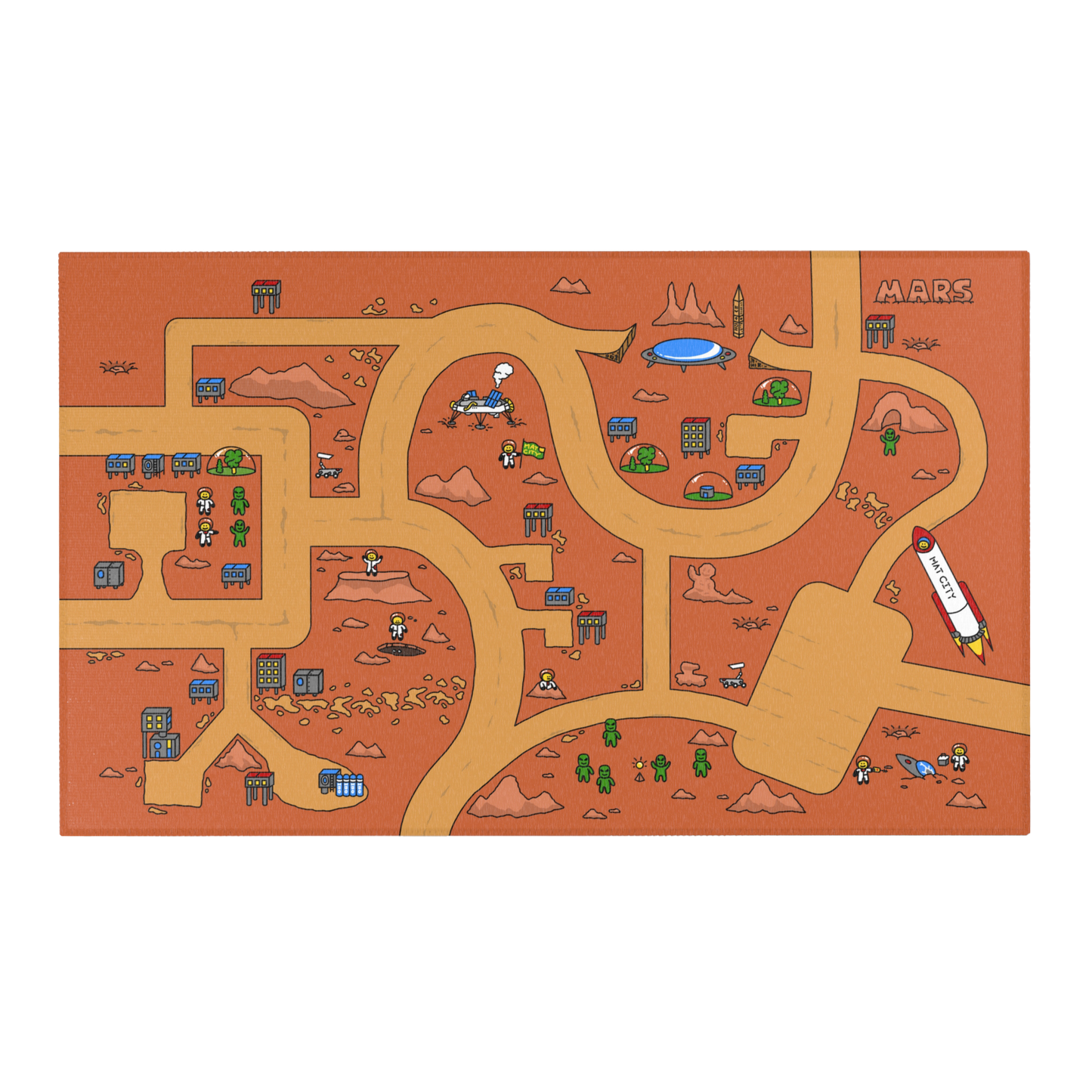 The full Matcity Mars Mat, showcasing an orange Martian landscape with roads, buildings, green Martians, and a rocket labeled "Matcity" in vibrant colors.