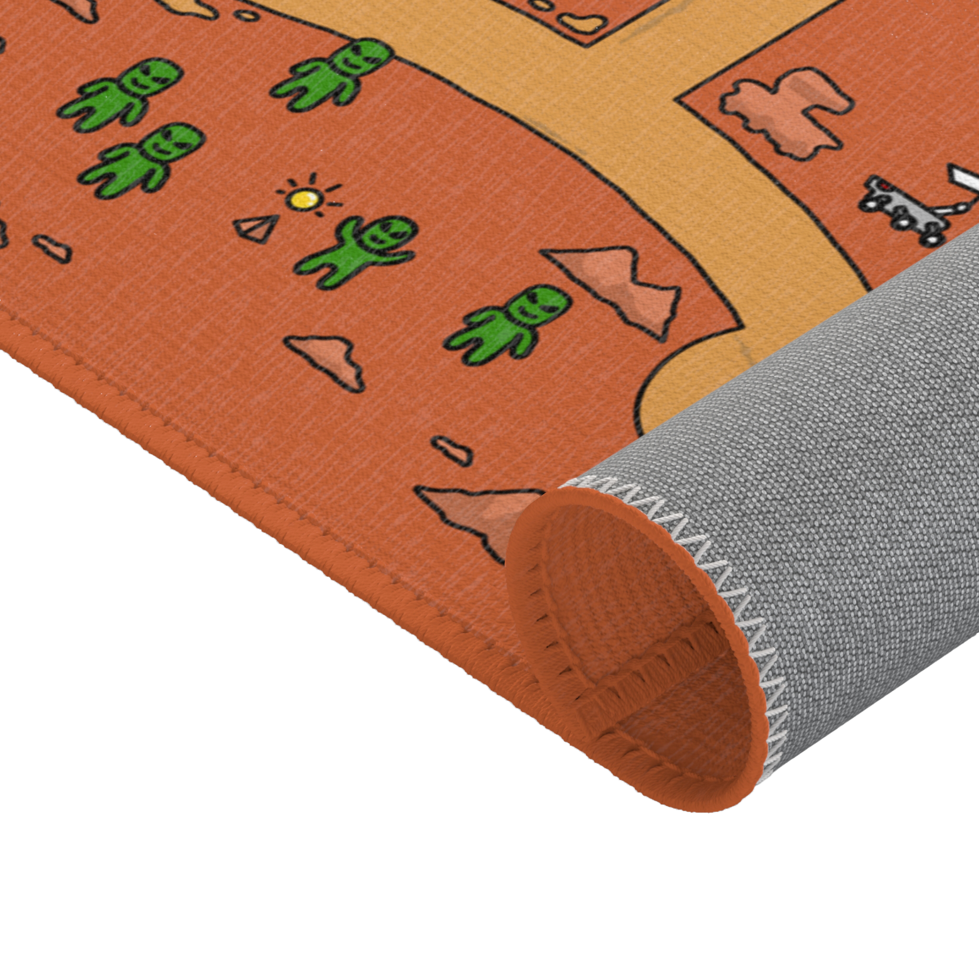 A close-up view of the Matcity Mars Mat rolled up, highlighting the orange surface with green Martians and detailed stitching around the edge.