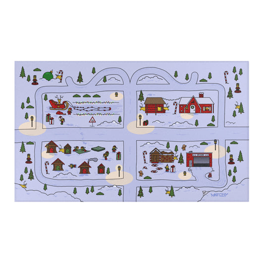 A colorful play mat featuring a detailed winter village with Santa's sleigh, gingerbread houses, reindeer, and snow-covered landscapes, designed for imaginative holiday play.